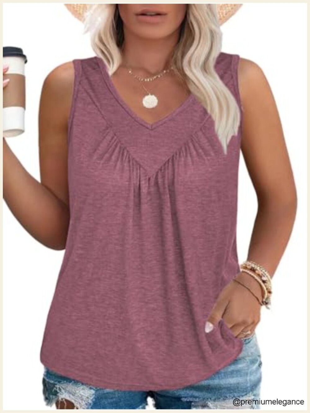 Plus Size Sleeveless Tank Top Flowy Pleated Tunic V Neck